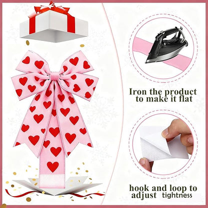 Valentine's Day Pink Heart Large Bow Decoration - 79x2.4 Inches Polyester Fringe Bow for Cabinet Doors  No Batteries Needed, Easy to Install Festive Home Decor