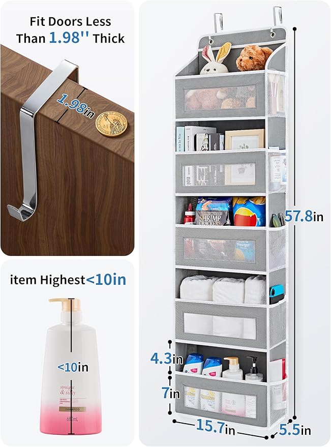 Over The Door Organizer Storage-5-Tier Hanging Organizer with 10 Large Pockets, Anti-Tilt Design, 44 lb Capacity for Bedroom, Bathroom, Baby Product Ptorage，Dormitory Storage，Back to School Must Have