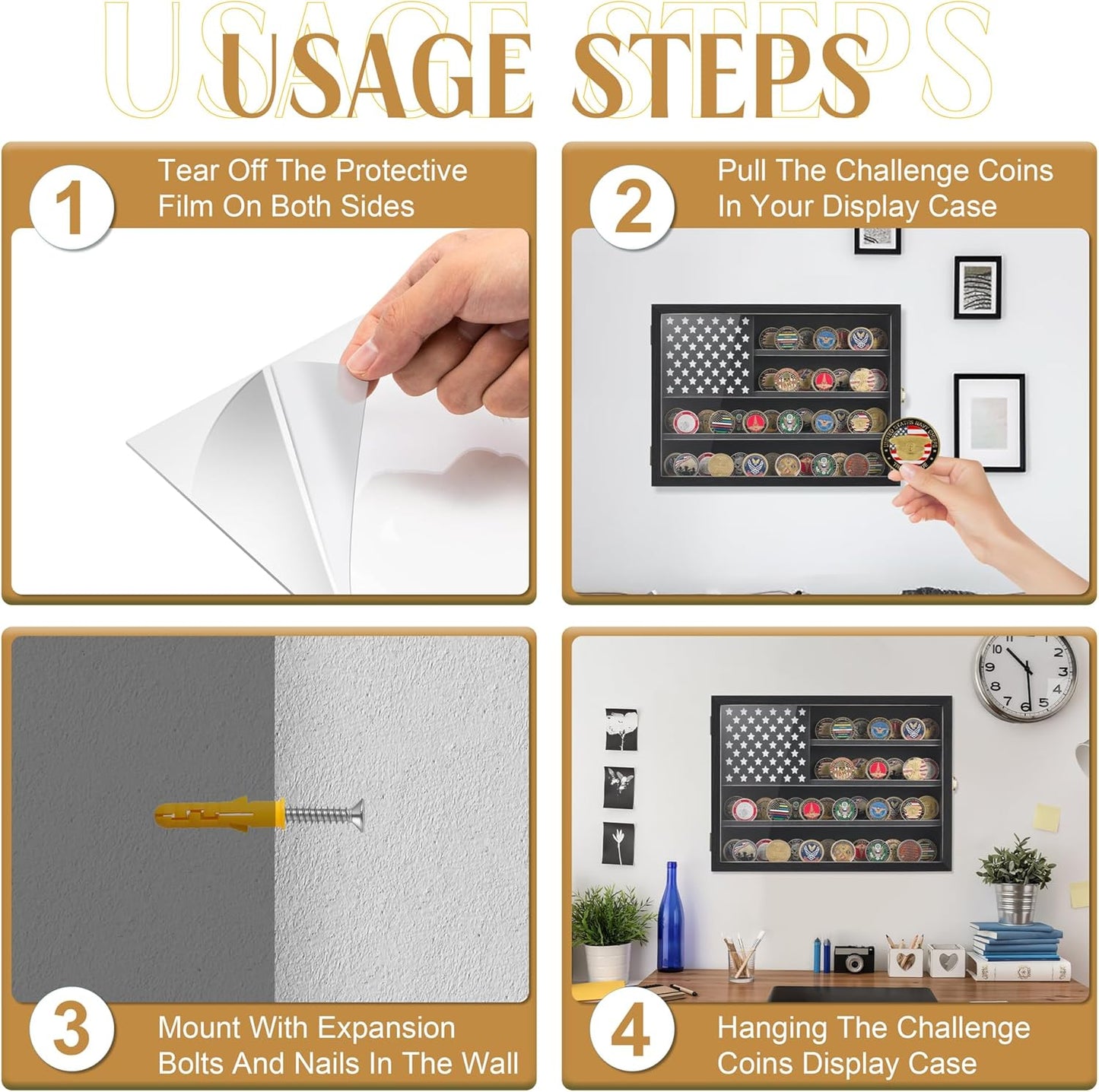 Challenge Coin & Military Medal Display Case 11x15", Shadow Box with HD Acrylic Glass, 2-Slot Vintage Rack with US Flag for Casino Poker Chips & Fine Souvenirs