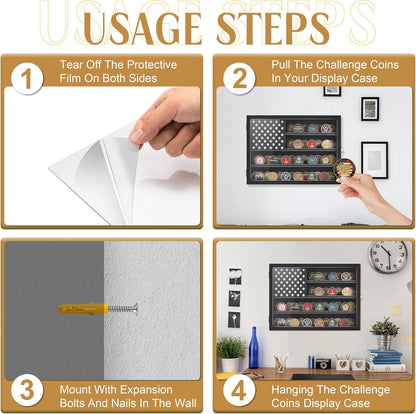 Challenge Coin & Military Medal Display Case 11x15", Shadow Box with HD Acrylic Glass, 2-Slot Vintage Rack with US Flag for Casino Poker Chips & Fine Souvenirs