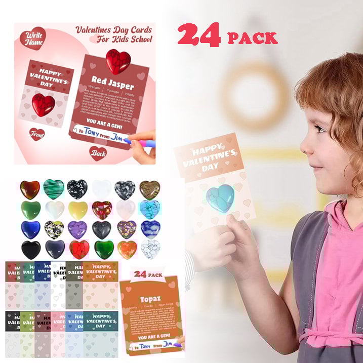 Valentine's Day Gem Gifts for Kids&Adults – 24 Pack Prefilled Cards with Heart-Shaped Gemstones